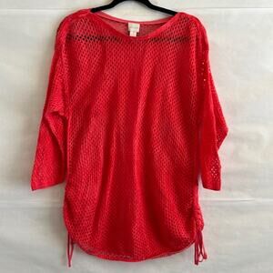 Chico's Knit Cover Up Women Size XL Pink Open Side Ruched Sweater 3/4 Sleeve